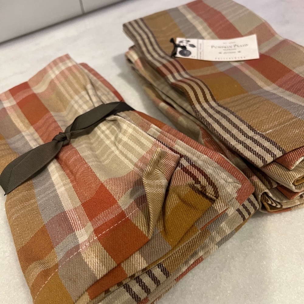 Pottery Barn Plaid Table Linens - Orange, Brown, Cream